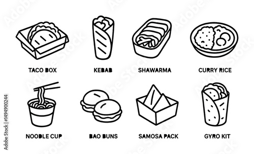 Asian cuisine outline icons set – linear, flat, food and takeout symbols