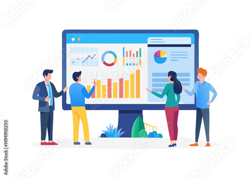 Business Data Analytics Concept. Vector illustration in flat style of a large monitor with tabs displaying graphs, chats, and a group of people looking at them