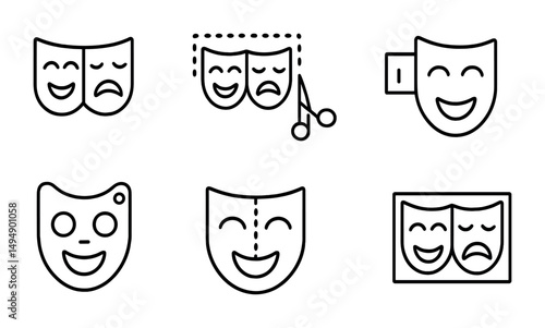 Theater and drama icons set – outline, linear, stage and performance symbols