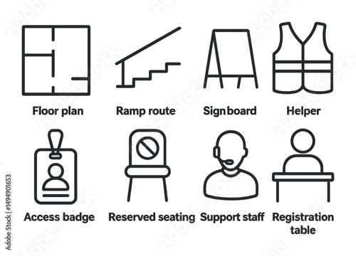 Event planning outline icons set – linear, flat, conference and meeting symbols