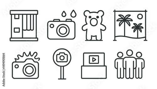 Photo booth line icons set – linear, outline, camera and event graphics
