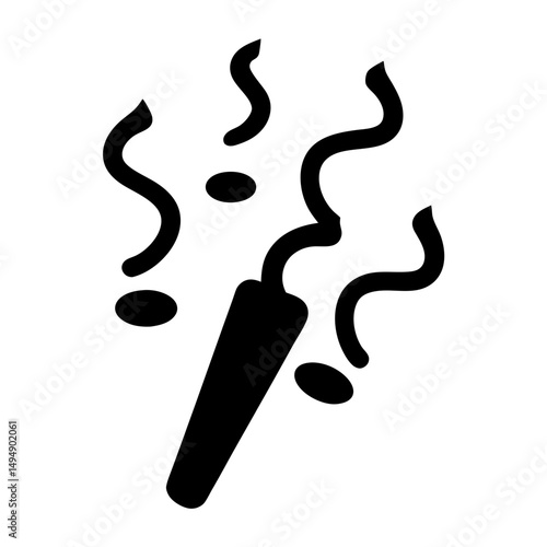 Black Silhouette of a Party Popper Releasing Streamers and Confetti, Minimalist Style