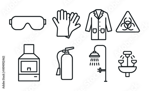 Laboratory safety linear icons set – protective, outline, hazard and lab equipment symbols
