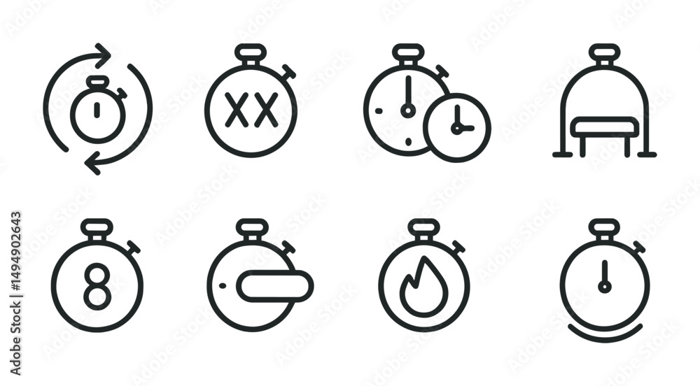 Time and timer outline icons set – linear, clock, stopwatch symbols Time and timer outline icons set – linear, clock, stopwatch symbols