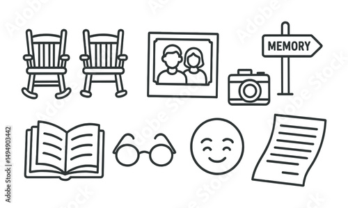 Memory and nostalgia outline icons set – silhouette, past, remembrance symbols