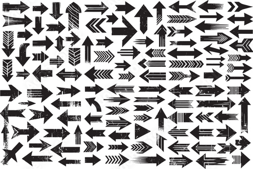Variety of textured grunge arrow icons in unique styles, offering bold visual appeal for navigation, graphic designs, and visuals. Features distinctive directions and artistic touches 