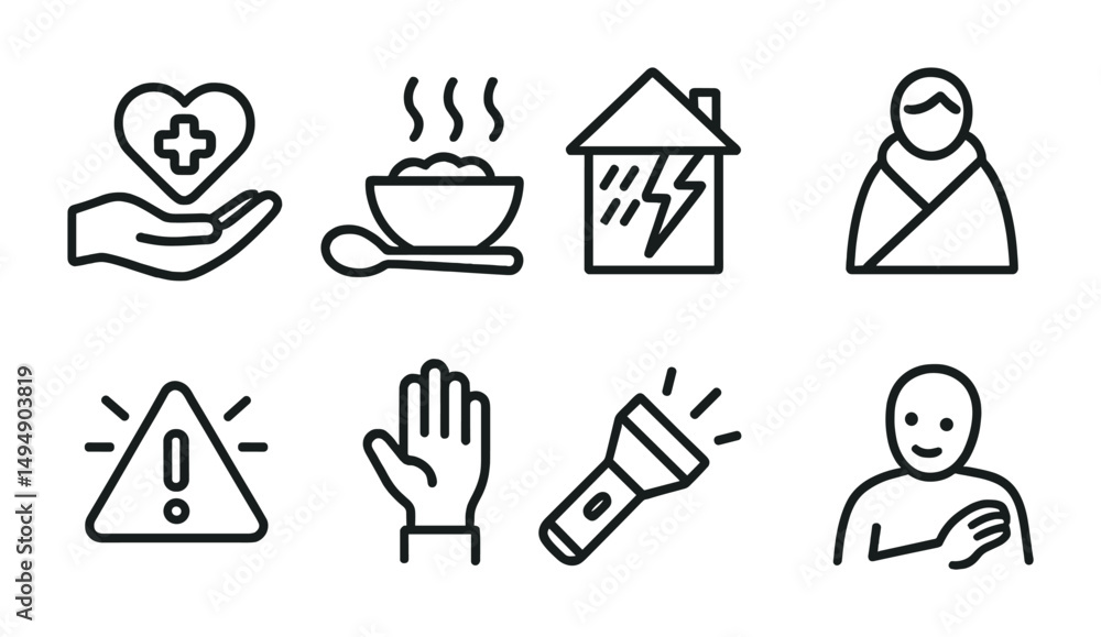 Fototapeta premium Emergency and disaster relief outline icons set – flat, safety, aid symbols