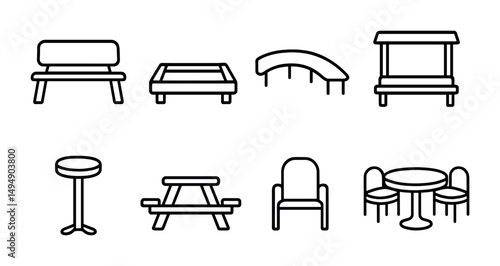 Outdoor furniture outline icons set – linear, seating, garden decor symbols