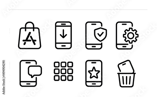 App development outline icons set – mobile, tech, software symbols for ui design