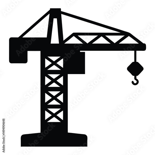 Black silhouette of a construction crane towering against a white backdrop
