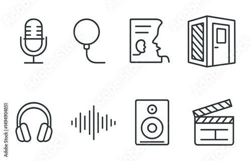 Media and music outline icons set – linear, flat, audio and entertainment symbols
