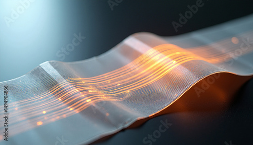 Wallpaper Mural A transparent flexible strip showcases embedded glowing orange circuit pathways, floating gracefully against a dark background. Torontodigital.ca