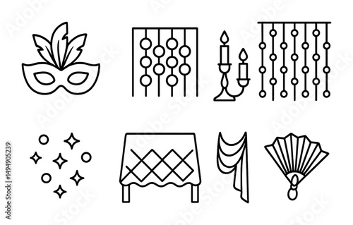 Masquerade party outline icons set – elegant, line, celebration symbols