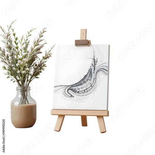 Small tabletop easel with canvas featuring minimalist line art, studio vibe, white background