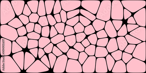 Abstract pattern of irregular pink shapes outlined by black lines, resembling a mosaic or organic cellular structure with a soft, modern look.

