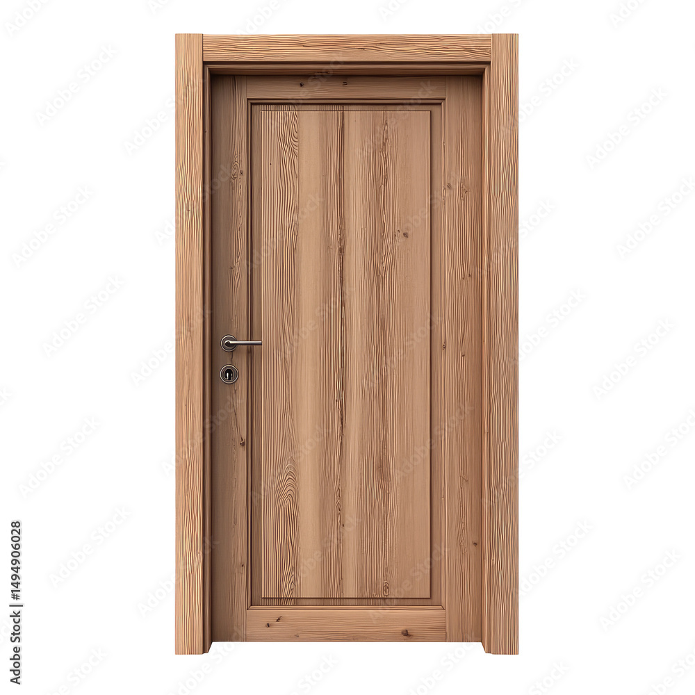 A single wooden door with a handle and keyhole set against a plain black background in a studio shot A single wooden door with a handle and keyhole set against a plain black background in a studio shot