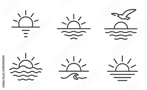 Minimalistic sun and wave icons with bird silhouette for summer design