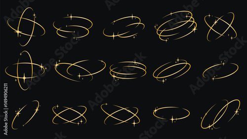 Set of golden design elements - oval orbit with shimmering particles. Sparkling border with glitter stars. Stylized orbit line with sparkles. Vector