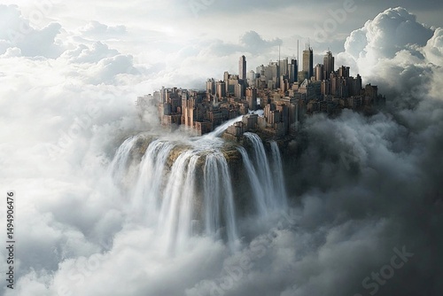 City of clouds with majestic waterfalls cascading into the abyss under a serene sky at twilight