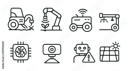 Farming technology line icons set - agriculture, automation, smart farming symbols