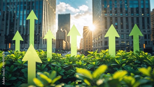 Green arrows pointing up amidst foliage in an urban setting with buildings and sunlight in background