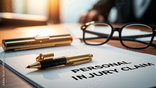 A personal injury claim document with pens and glasses on a wooden surface in a bright office