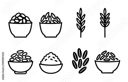 Grains and rice outline icons set – line, cereal, food symbols