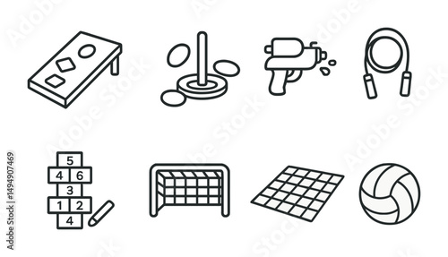 Outdoor and backyard games outline icons set – flat, line, leisure and fun symbols