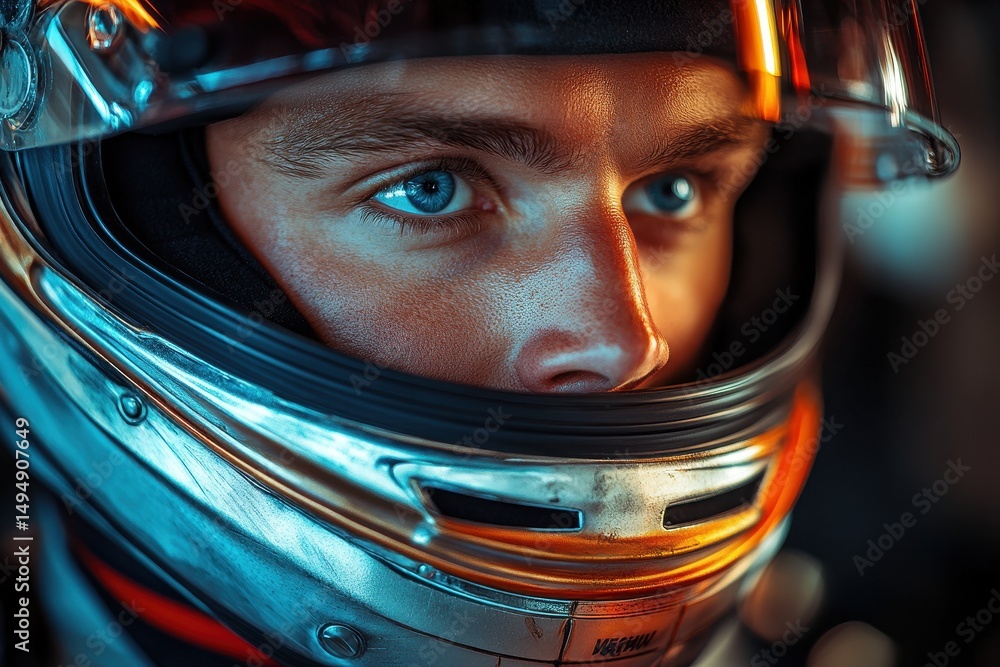 Close-up of a racing driver with striking blue eyes in an intense moment at a motorsport event Close-up of a racing driver with striking blue eyes in an intense moment at a motorsport event