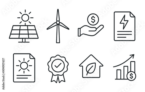 Renewable energy icons set – outline, linear, eco and sustainability symbols