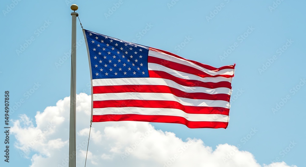 Naklejka premium American Flag Waving in a Clear Blue Sky