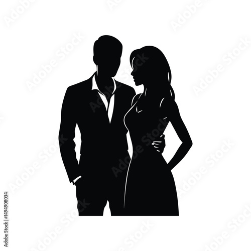 Elegant Couple Silhouette Romantic Black and White Illustration