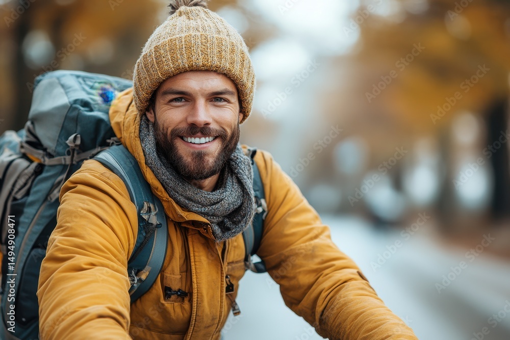 Man smiling with backpack cycling through autumn park on a chilly day Man smiling with backpack cycling through autumn park on a chilly day