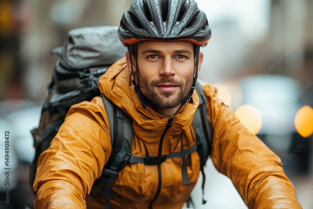 Cyclist in rain gear riding through city streets during a rainy day Cyclist in rain gear riding through city streets during a rainy day