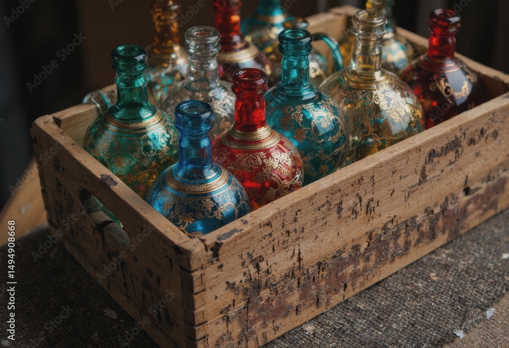 Fototapeta premium Colorful decorative bottles in a rustic wooden crate