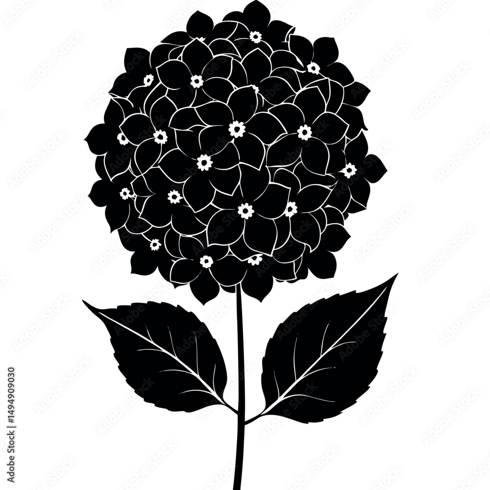 Ταπετσαρία Botanical Hydrangea Icon – Silhouette with Leaves and Stem