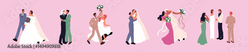 Set of wedding. Diverse families celebrate marriage. Homosexual and heterosexual couples marry. Happy newlyweds with bouquet, bridal dress love, kiss and hug. Flat isolated vector illustrations