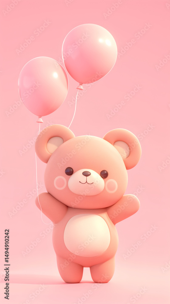 Obraz premium A lovely little bear is holding several balloons in its hand