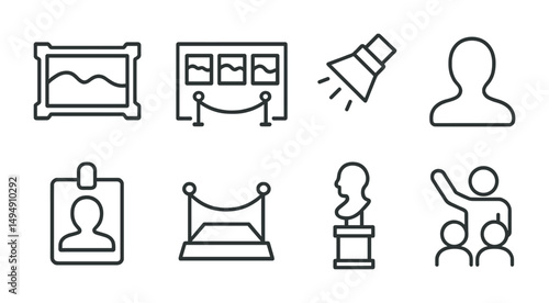 Art and museum outline icons set – linear, gallery, exhibition and art symbols