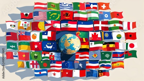 Globe surrounded by flags of different countries representing global unity and international relations