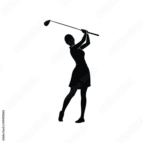 Silhouette of a Female Golfer Executing a Powerful Golf Swing