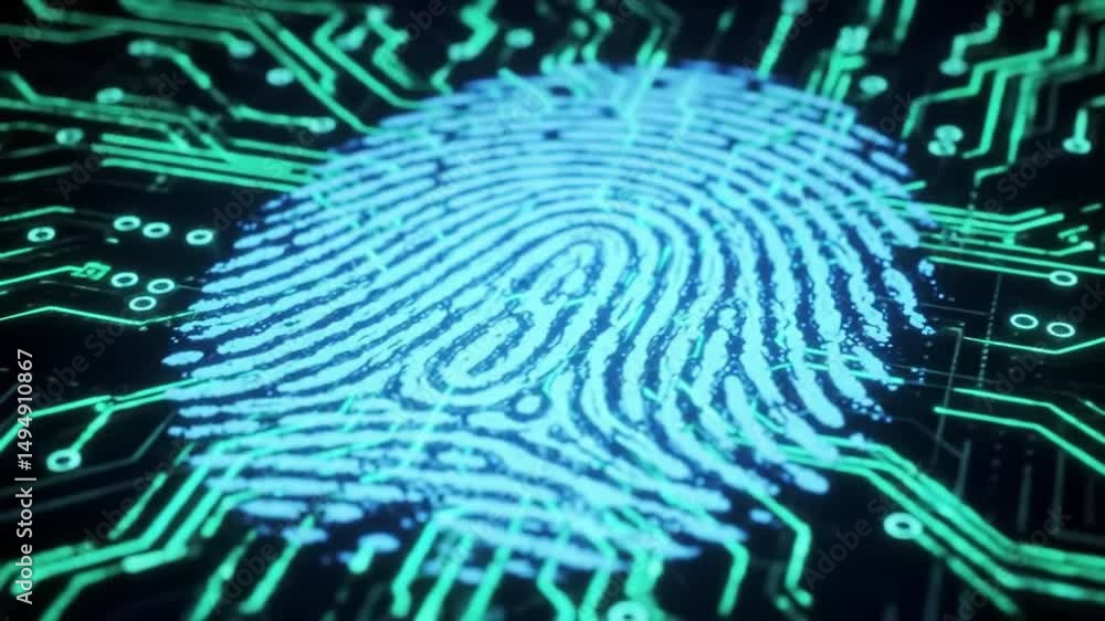 This clip highlights a glowing digital fingerprint on a circuit board background, representing advancements in biometric technology and security. This clip highlights a glowing digital fingerprint on a circuit board background, representing advancements in biometric technology and security.