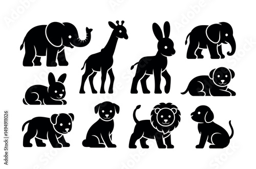 cute baby animal black icons