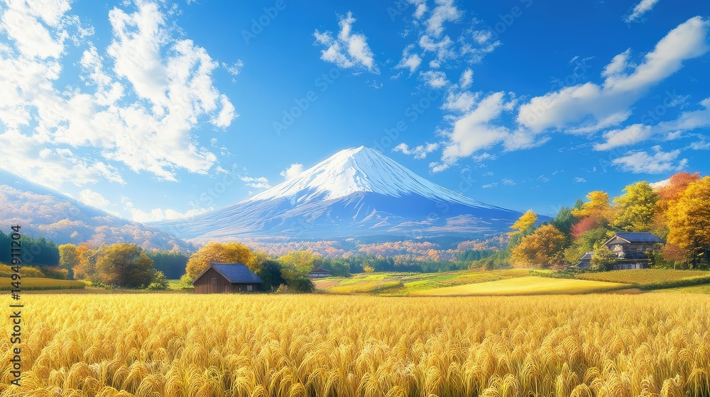 Fototapeta premium Majestic Mount Fuji in 3D, framed by rich golden paddies under a vibrant blue sky with scattered clouds