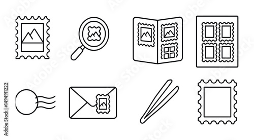 Stamp collecting outline icons set – linear, philatelic symbols, hobby essentials