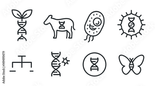 Genetic engineering outline icons set – line, biology, dna and biotechnology symbols