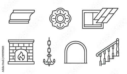Interior design line icons set – architecture, home decor, furnishings symbols