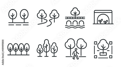 Nature and park outline icons set – linear, line, outdoor and landscape symbols