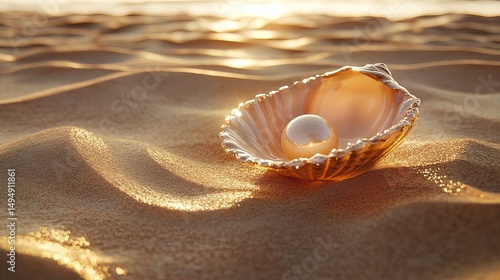 Fototapeta Naklejka Na Ścianę i Meble -  Pearl inside an iridescent seashell resting on golden sand with a blurred beach background view