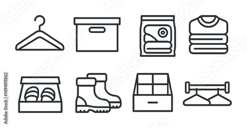 Home organization outline icons set – tidy, storage, declutter essentials